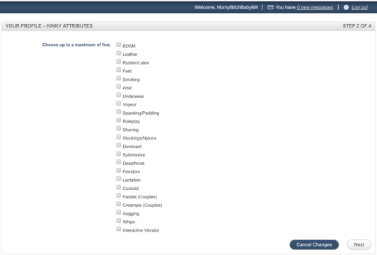 Choose up to a maximum of five kinky attributes