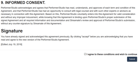 Review and acknowledge you agree to the terms of the webcam performer agreement